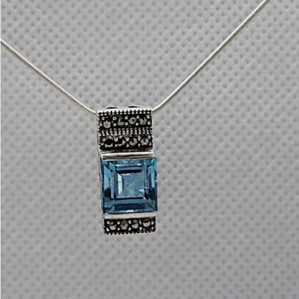 Sterling Silver Hematite and Princess Cut Blue Topaz Necklace with Snake Chain. - Picture 5 of 5
